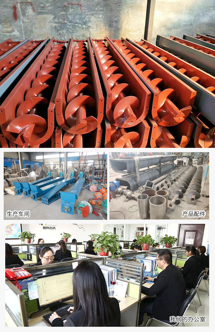 絞龍螺旋輸送機産品，廠區，以及辦公場地展示圖。